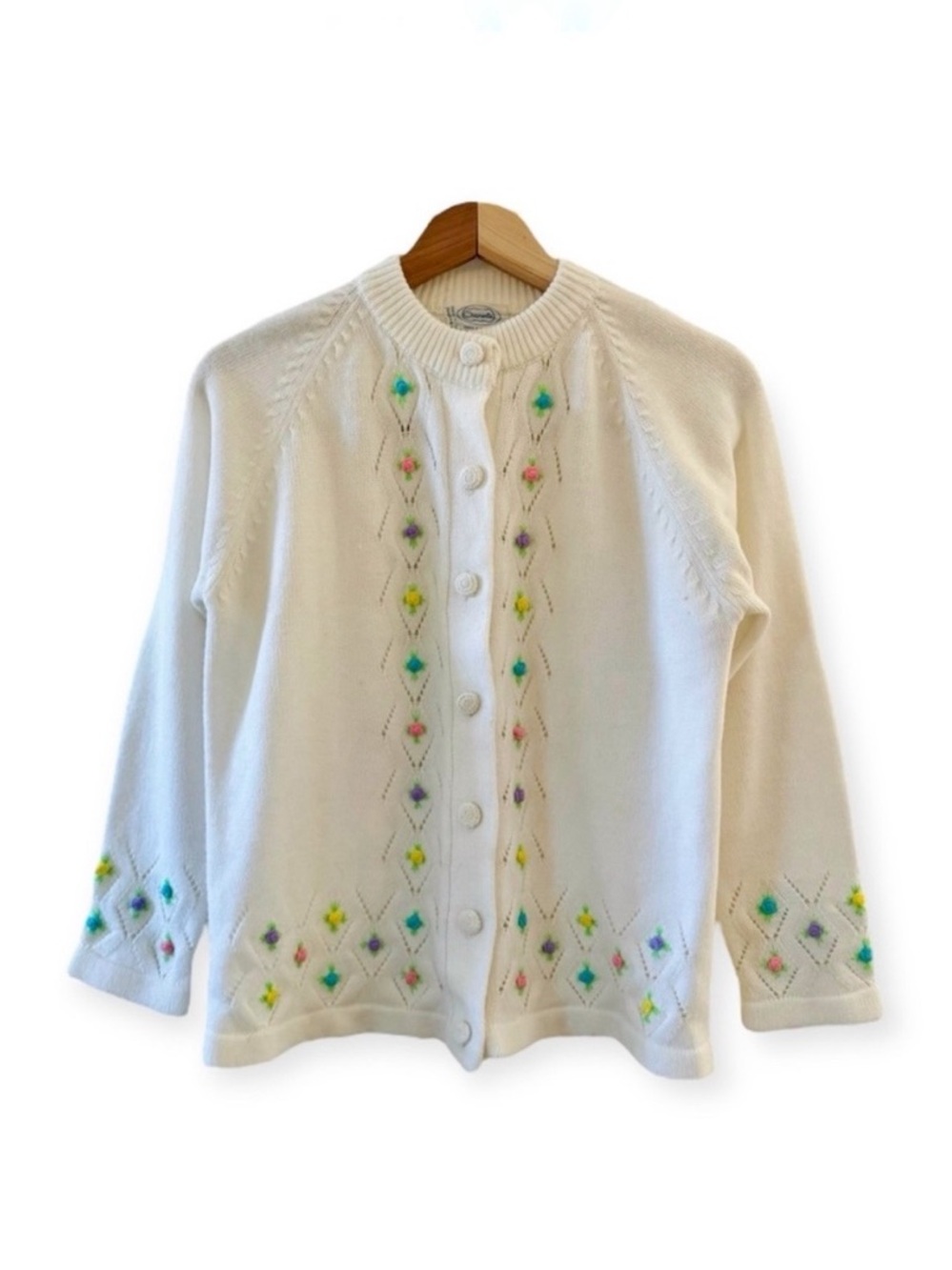 Vintage 1970s Embroidered Floral Knit Grannycore Cardigan Sweater, Button Front - Picture 1 of 17
